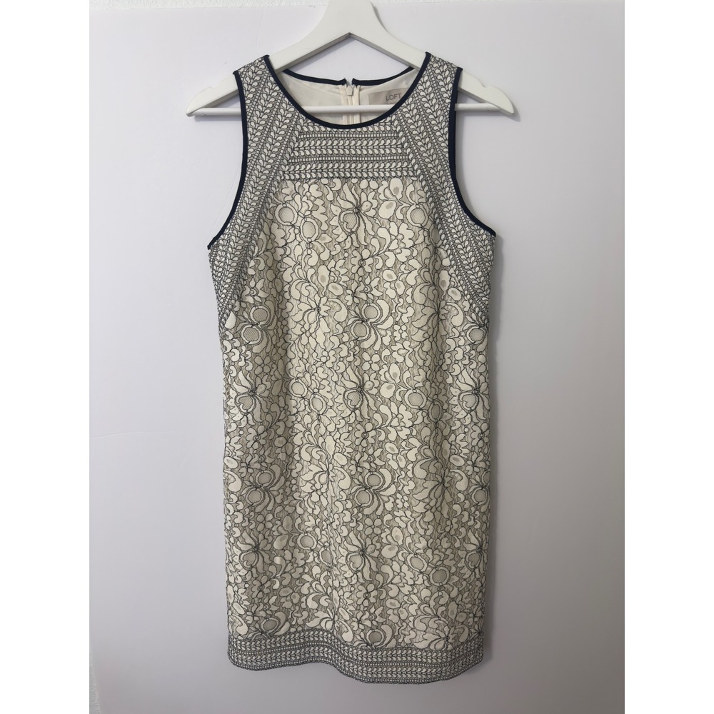 LOFT‎ Floral Lace Shift Dress Womens 4 Ivory Black Sleeveless Cocktail Wedding